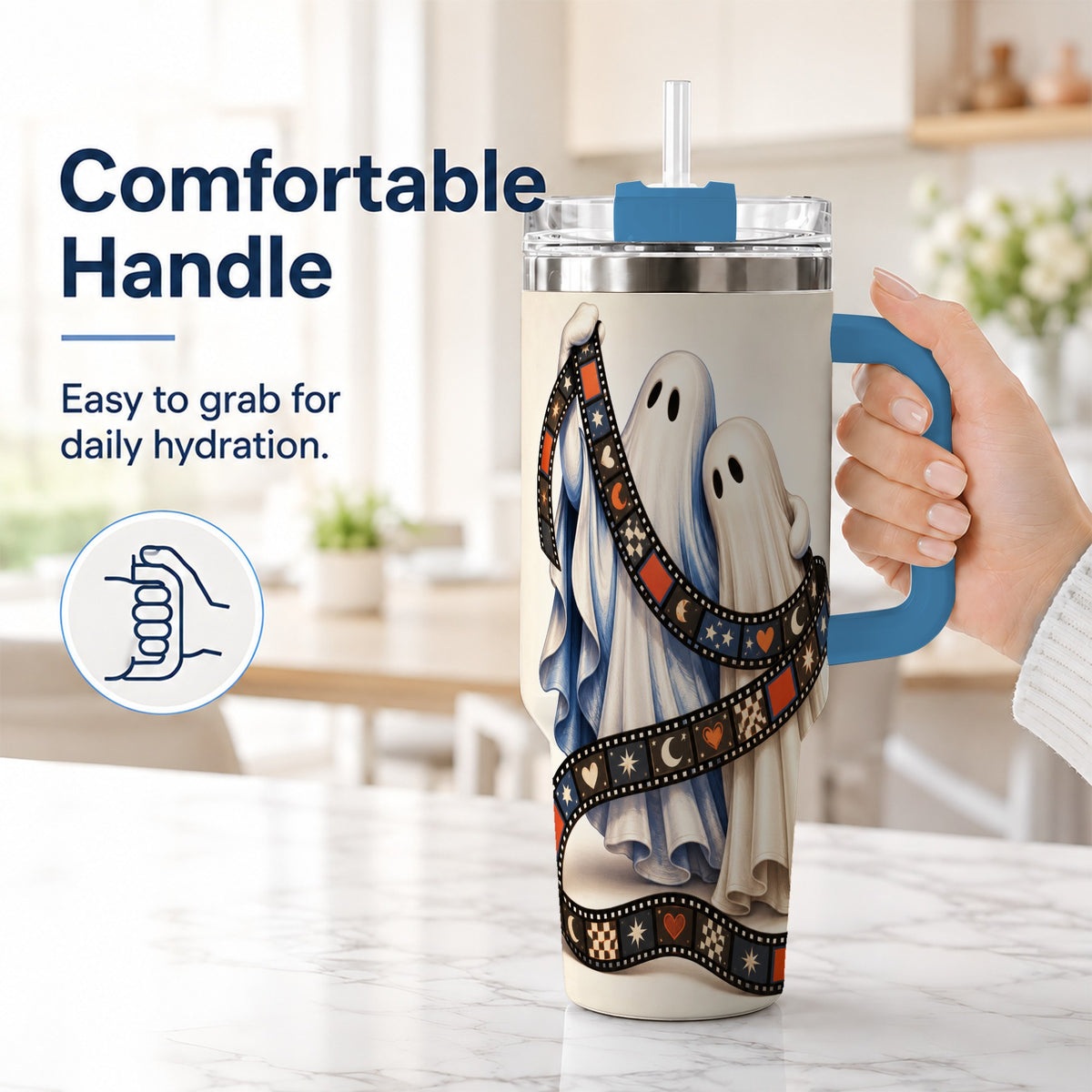 #pl[40oz|Blue] Retro Ghost Film 40oz Tumbler with Handle, Halloween Travel Cup