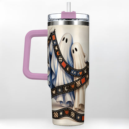 #pl[40oz|Pink] Retro Ghost Film 40oz Tumbler with Handle, Halloween Travel Cup