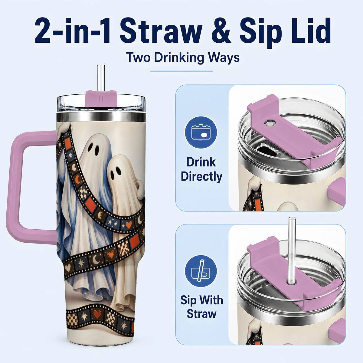 #pl[40oz|Pink] Retro Ghost Film 40oz Tumbler with Handle, Halloween Travel Cup