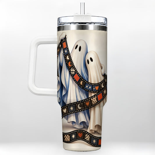 Retro Ghost Film 40oz Tumbler with Handle, Halloween Travel Cup