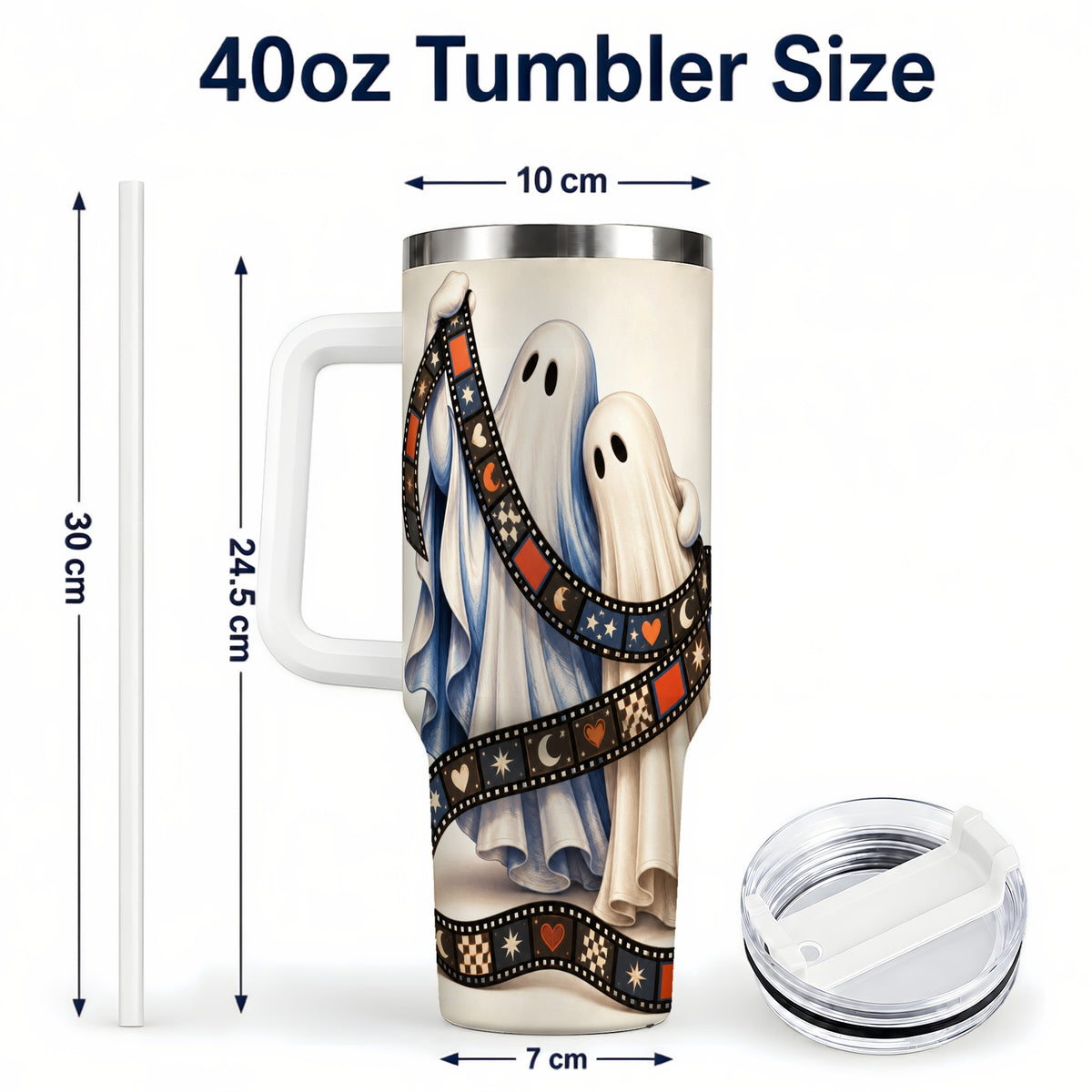 #pl[40oz|White] Retro Ghost Film 40oz Tumbler with Handle, Halloween Travel Cup