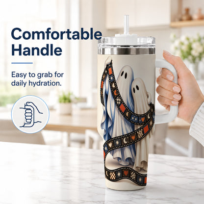 #pl[40oz|White] Retro Ghost Film 40oz Tumbler with Handle, Halloween Travel Cup