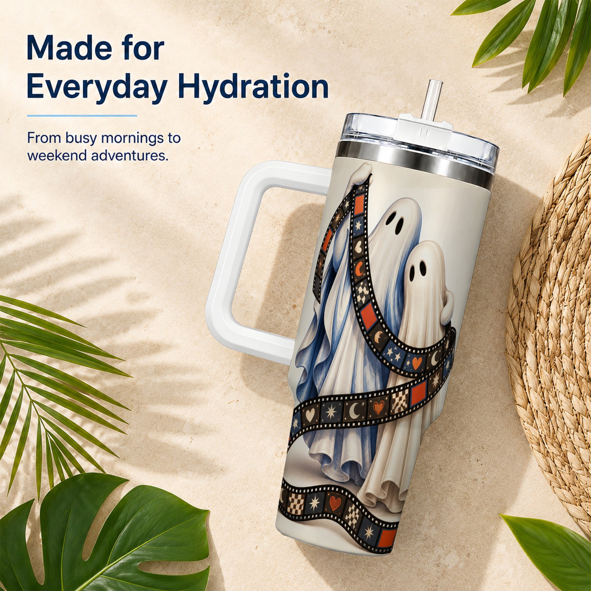 #pl[40oz|White] Retro Ghost Film 40oz Tumbler with Handle, Halloween Travel Cup