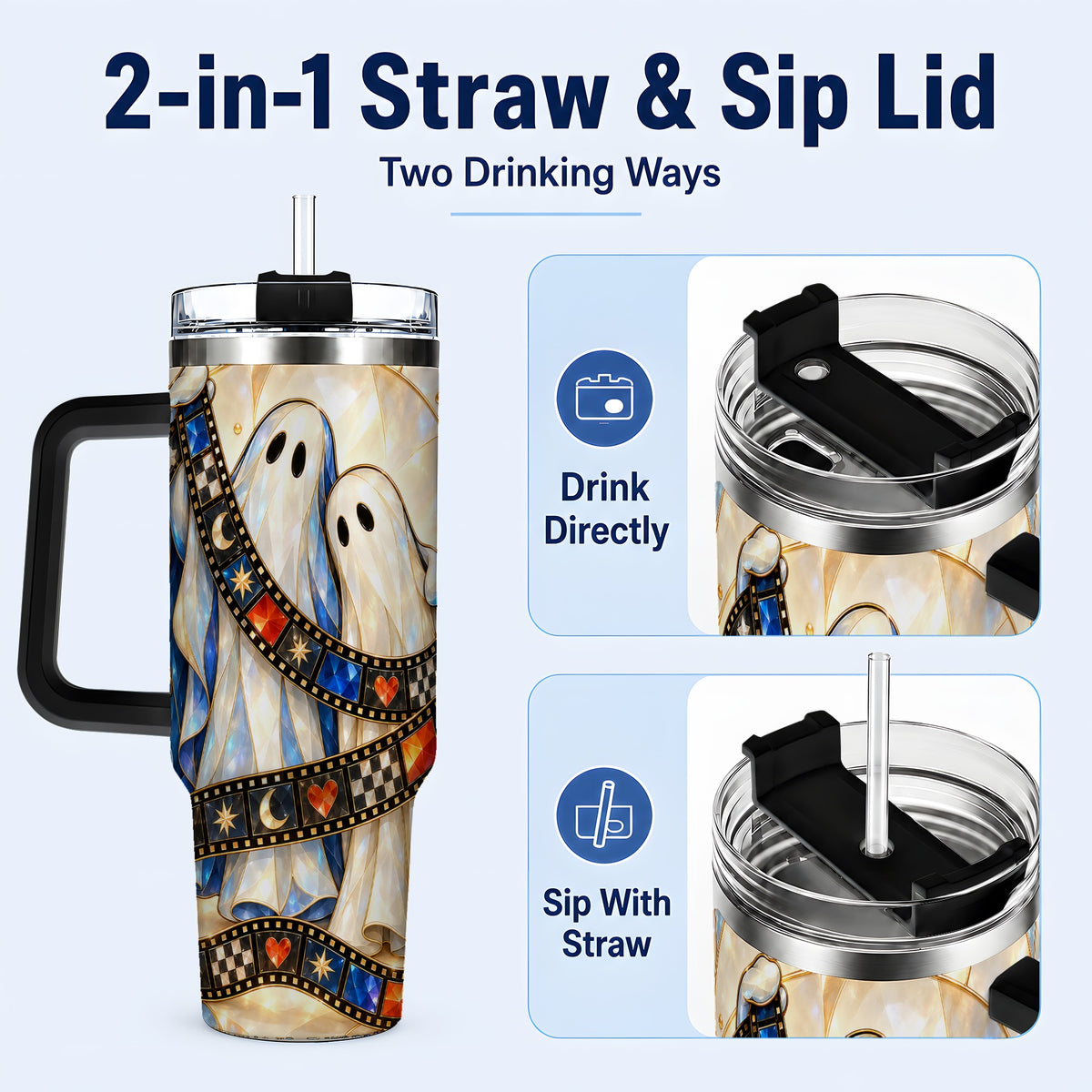 #pl[40oz|Black] Gemstone Ghost Film 40oz Tumbler with Handle, Spooky Travel Cup