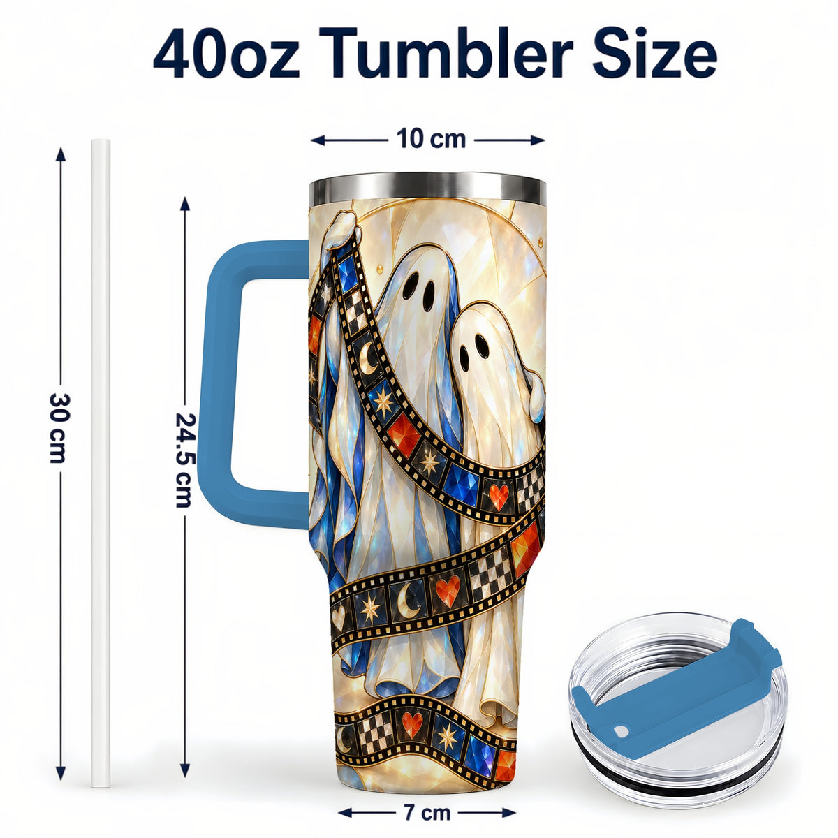 #pl[40oz|Blue] Gemstone Ghost Film 40oz Tumbler with Handle, Spooky Travel Cup