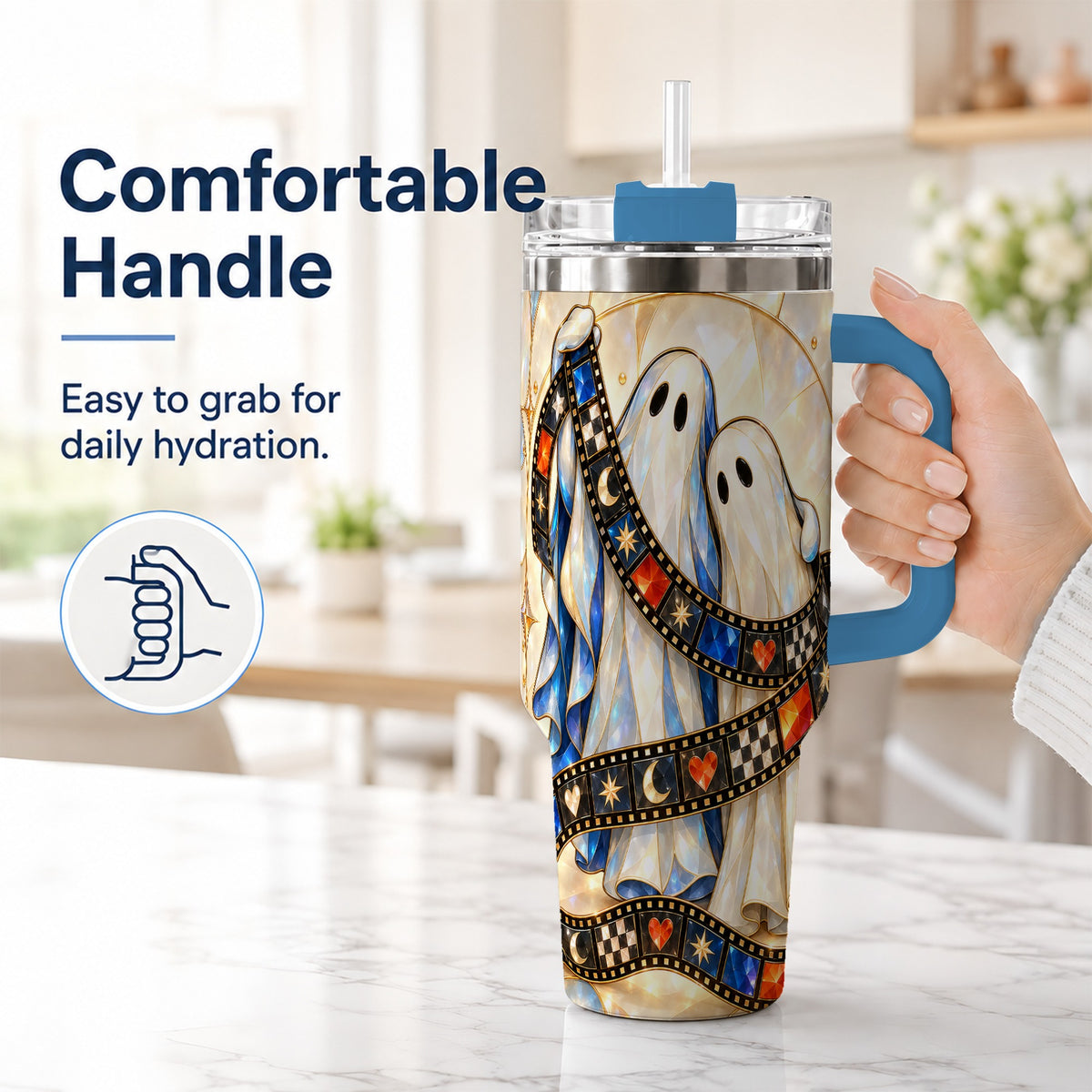 #pl[40oz|Blue] Gemstone Ghost Film 40oz Tumbler with Handle, Spooky Travel Cup