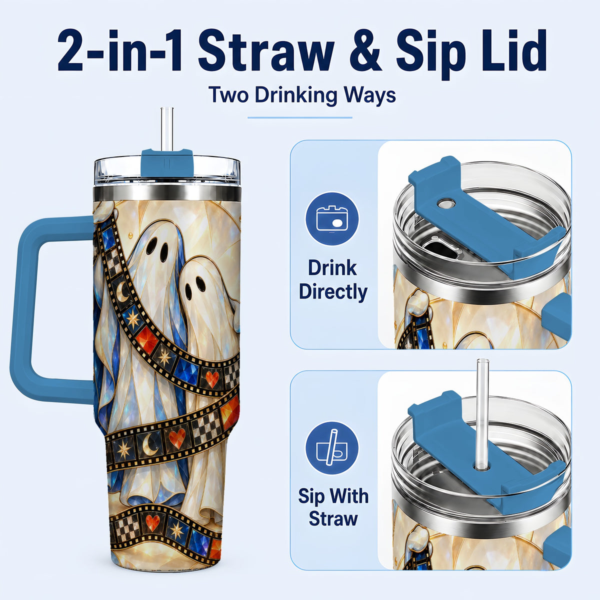 #pl[40oz|Blue] Gemstone Ghost Film 40oz Tumbler with Handle, Spooky Travel Cup