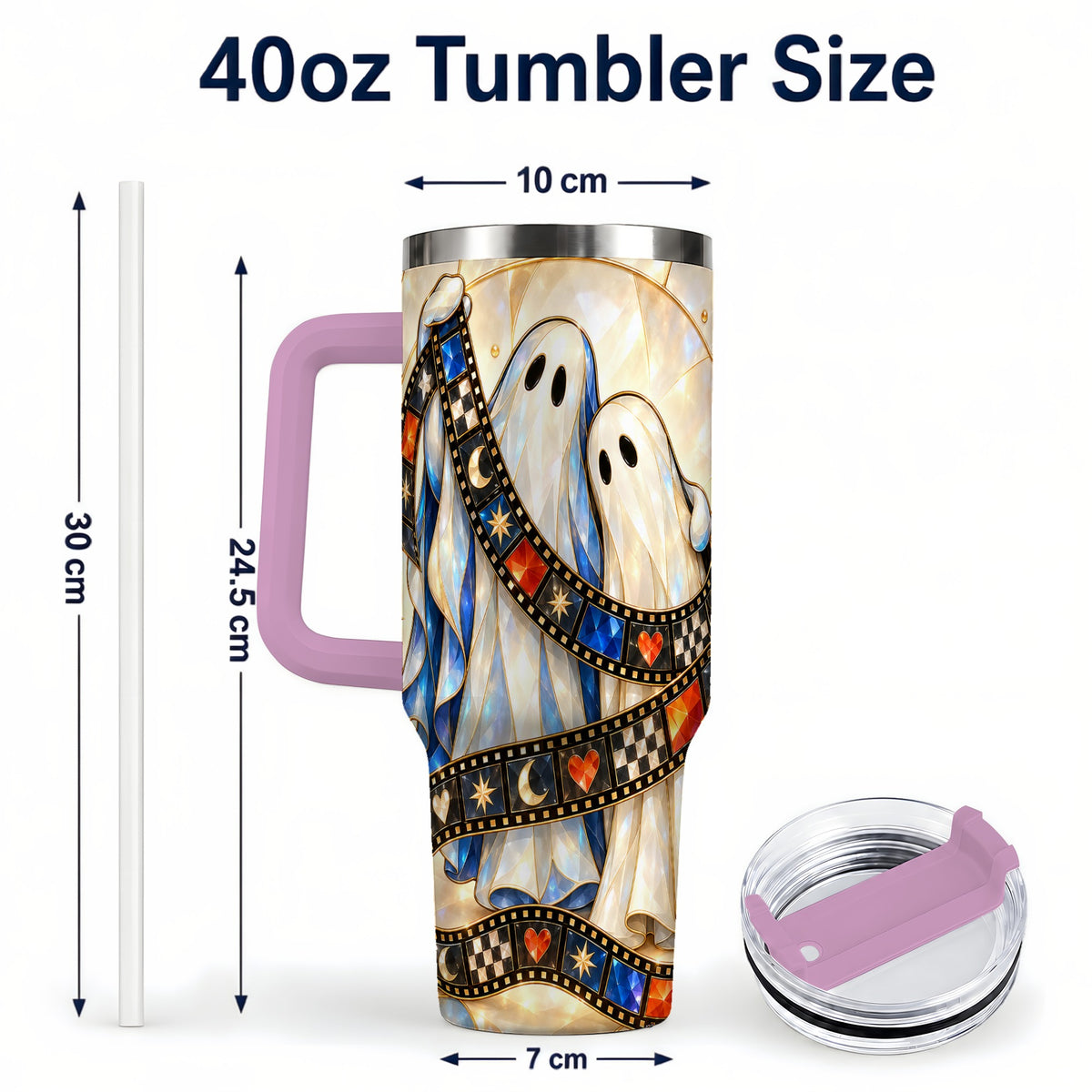 #pl[40oz|Pink] Gemstone Ghost Film 40oz Tumbler with Handle, Spooky Travel Cup