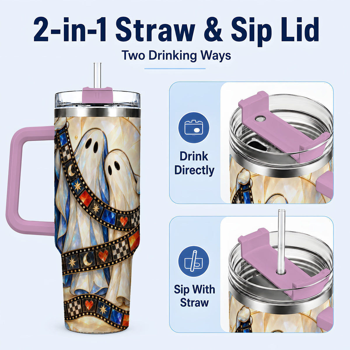 #pl[40oz|Pink] Gemstone Ghost Film 40oz Tumbler with Handle, Spooky Travel Cup