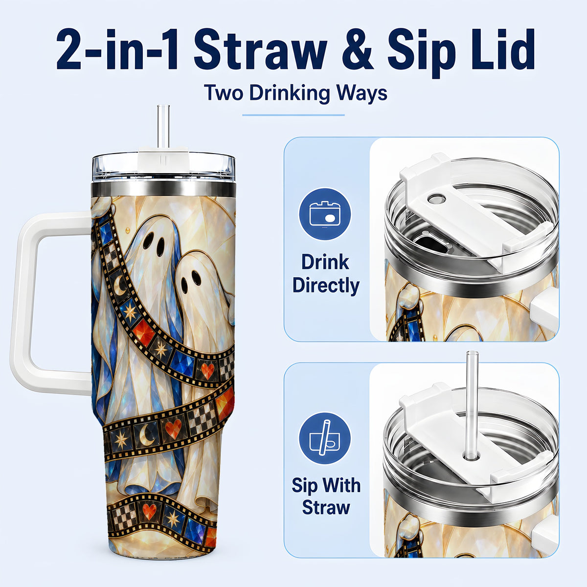 #pl[40oz|White] Gemstone Ghost Film 40oz Tumbler with Handle, Spooky Travel Cup