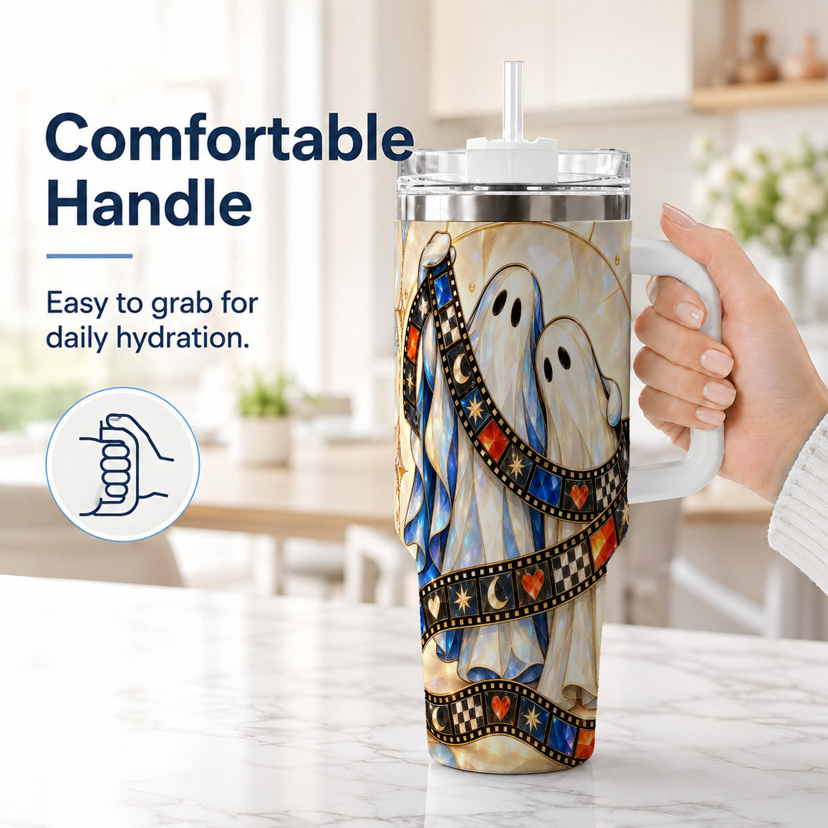 #pl[40oz|White] Gemstone Ghost Film 40oz Tumbler with Handle, Spooky Travel Cup