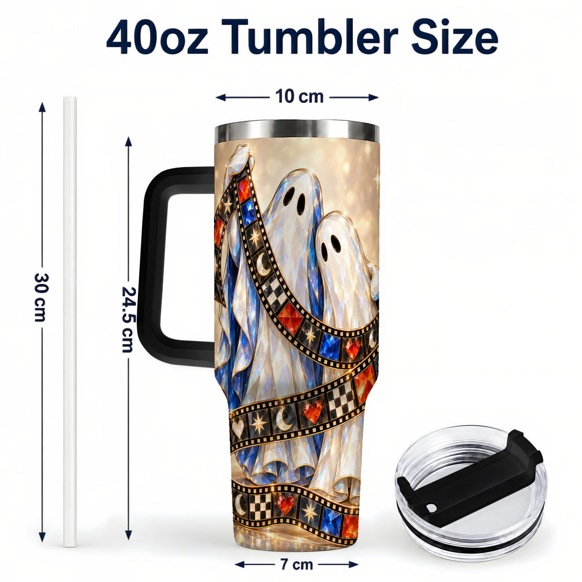 #pl[40oz|Black] Glowing Ghost Film 40oz Tumbler with Handle, Spooky Travel Cup