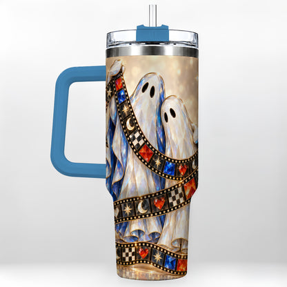 #pl[40oz|Blue] Glowing Ghost Film 40oz Tumbler with Handle, Spooky Travel Cup