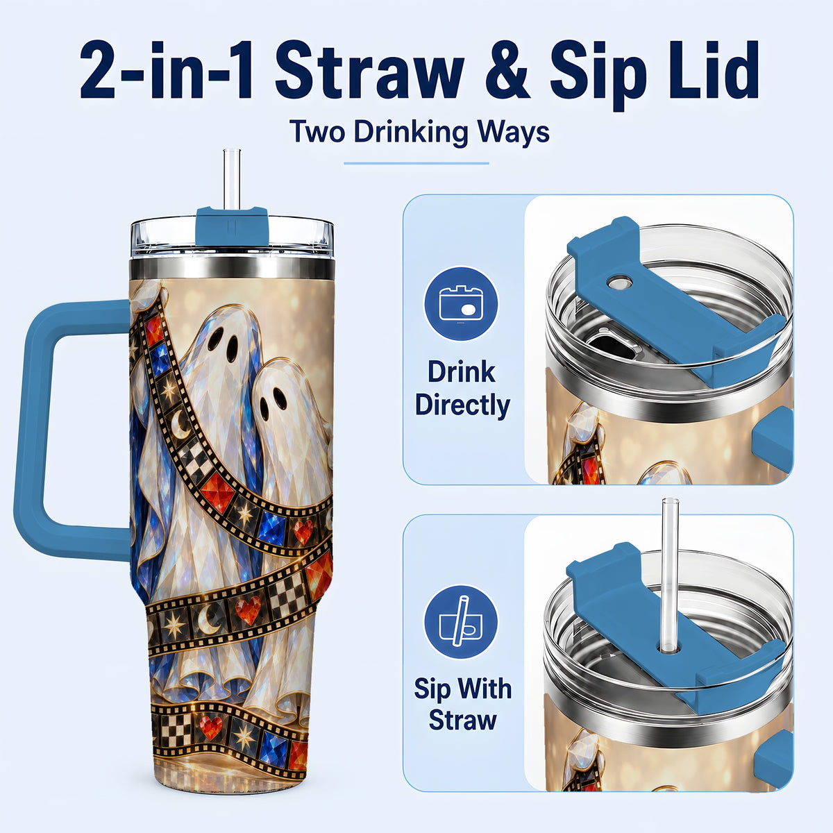#pl[40oz|Blue] Glowing Ghost Film 40oz Tumbler with Handle, Spooky Travel Cup