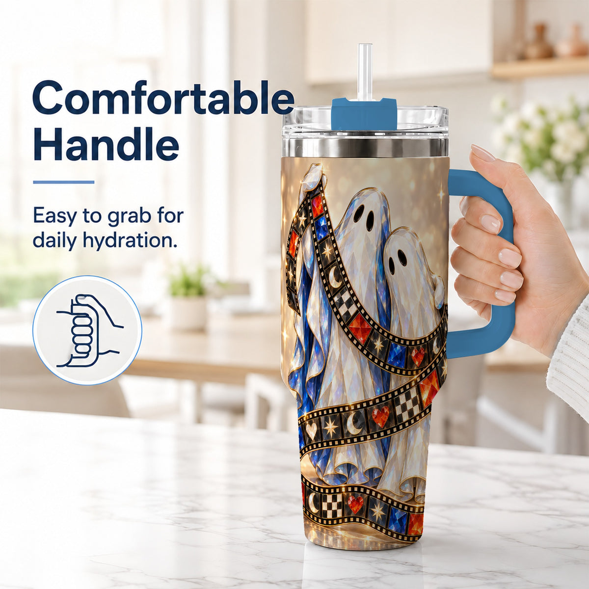 #pl[40oz|Blue] Glowing Ghost Film 40oz Tumbler with Handle, Spooky Travel Cup