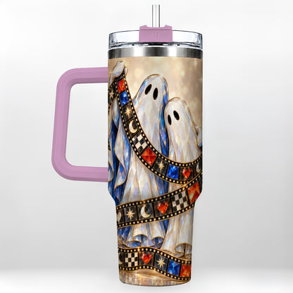#pl[40oz|Pink] Glowing Ghost Film 40oz Tumbler with Handle, Spooky Travel Cup