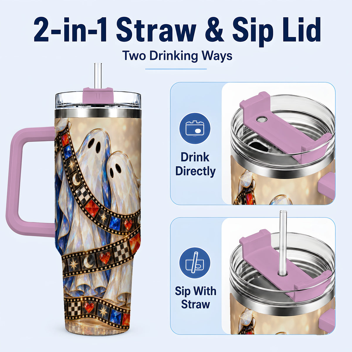 #pl[40oz|Pink] Glowing Ghost Film 40oz Tumbler with Handle, Spooky Travel Cup