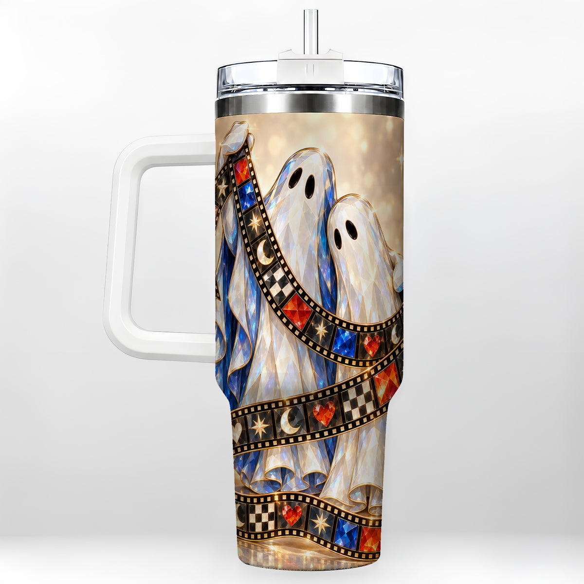 Glowing Ghost Film 40oz Tumbler with Handle, Spooky Travel Cup