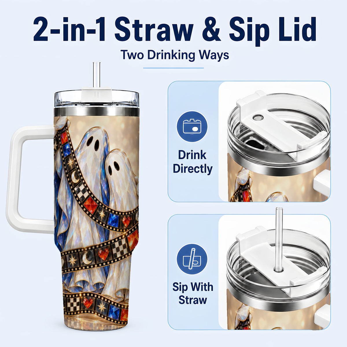 #pl[40oz|White] Glowing Ghost Film 40oz Tumbler with Handle, Spooky Travel Cup