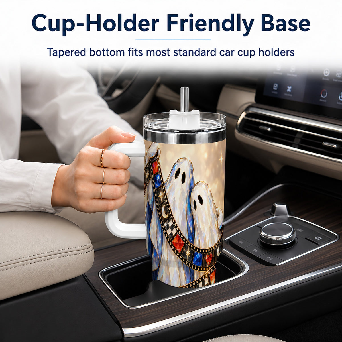 #pl[40oz|White] Glowing Ghost Film 40oz Tumbler with Handle, Spooky Travel Cup