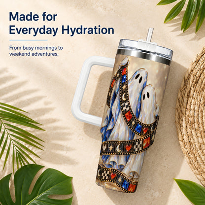 #pl[40oz|White] Glowing Ghost Film 40oz Tumbler with Handle, Spooky Travel Cup