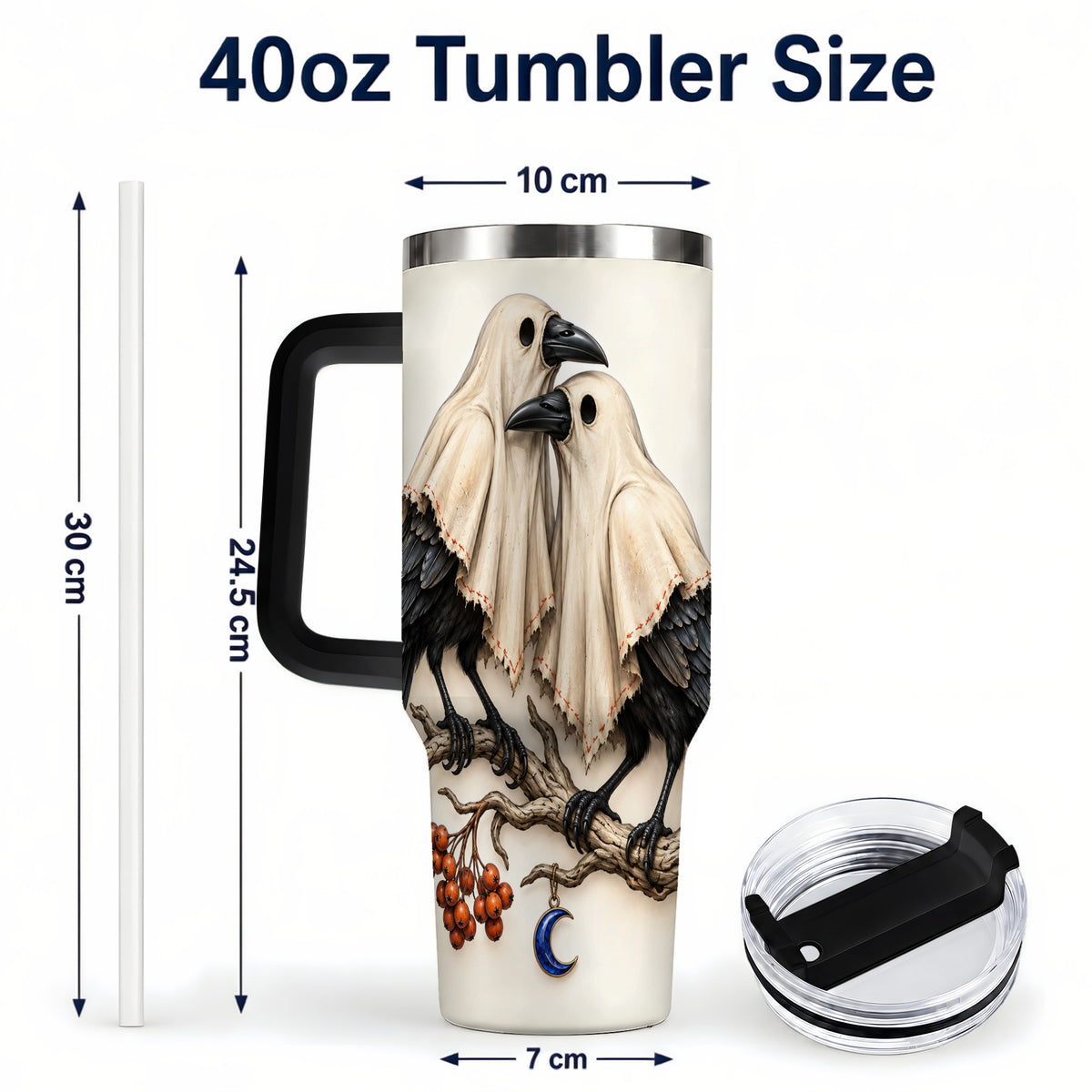 #pl[40oz|Black] Ghost Crow Pair 40oz Tumbler with Handle, Gothic Travel Cup
