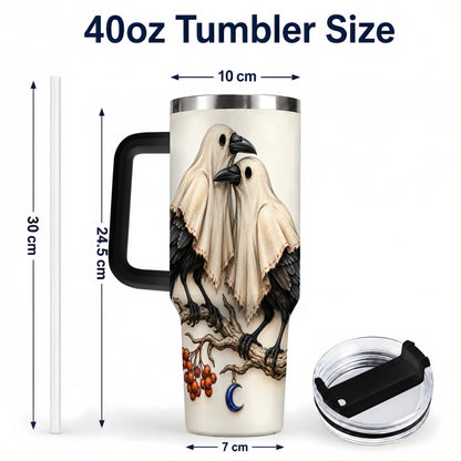 #pl[40oz|Black] Ghost Crow Pair 40oz Tumbler with Handle, Gothic Travel Cup