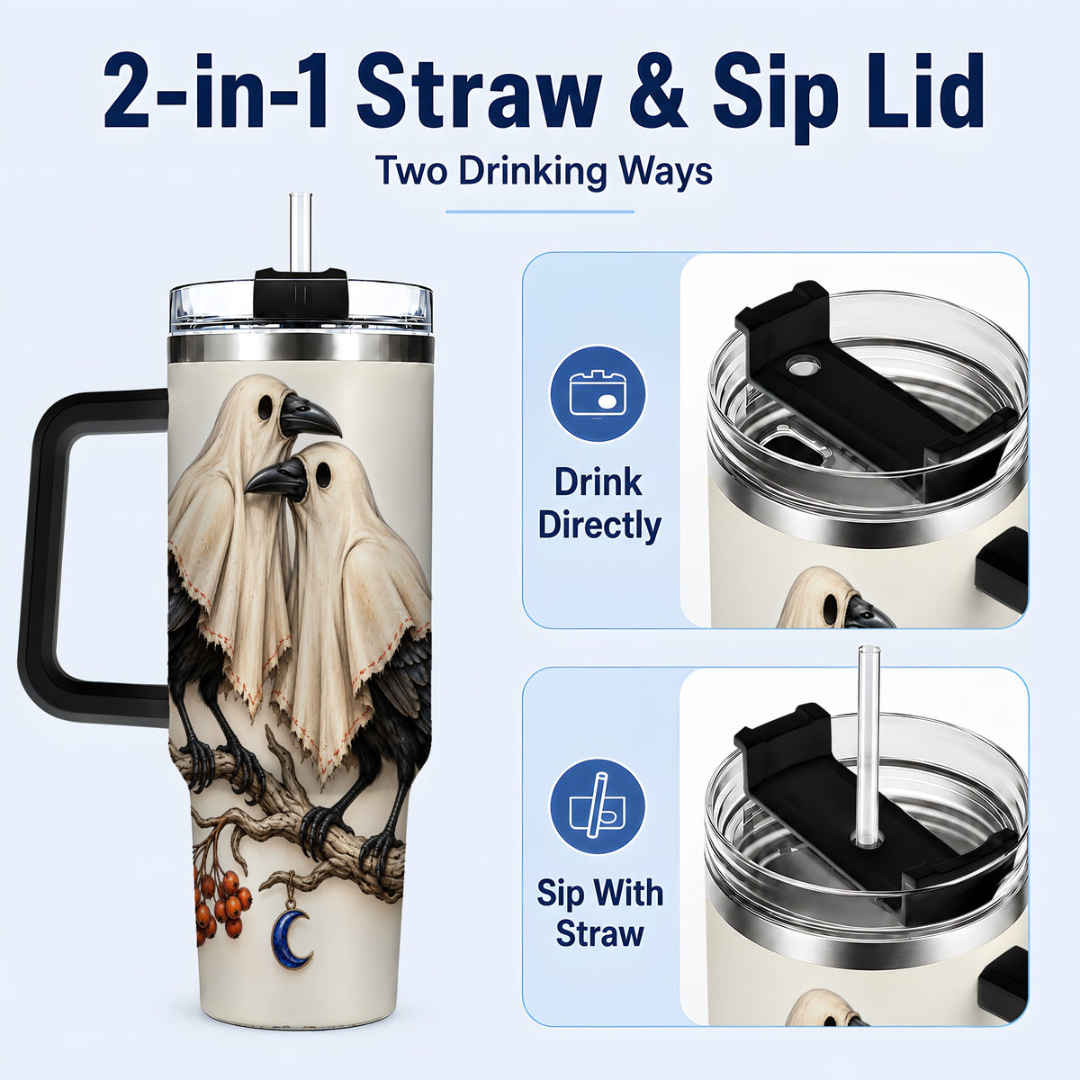 #pl[40oz|Black] Ghost Crow Pair 40oz Tumbler with Handle, Gothic Travel Cup