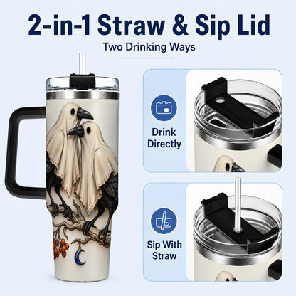 #pl[40oz|Black] Ghost Crow Pair 40oz Tumbler with Handle, Gothic Travel Cup