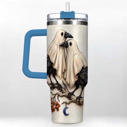 #pl[40oz|Blue] Ghost Crow Pair 40oz Tumbler with Handle, Gothic Travel Cup