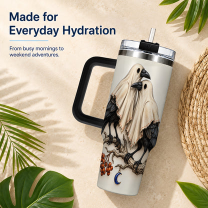 #pl[40oz|Black] Ghost Crow Pair 40oz Tumbler with Handle, Gothic Travel Cup