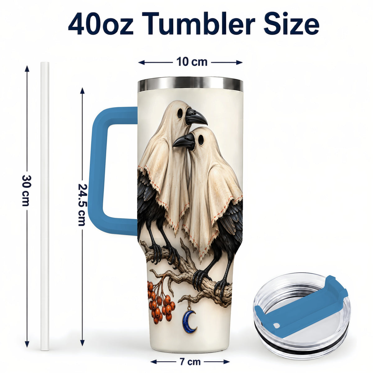 #pl[40oz|Blue] Ghost Crow Pair 40oz Tumbler with Handle, Gothic Travel Cup