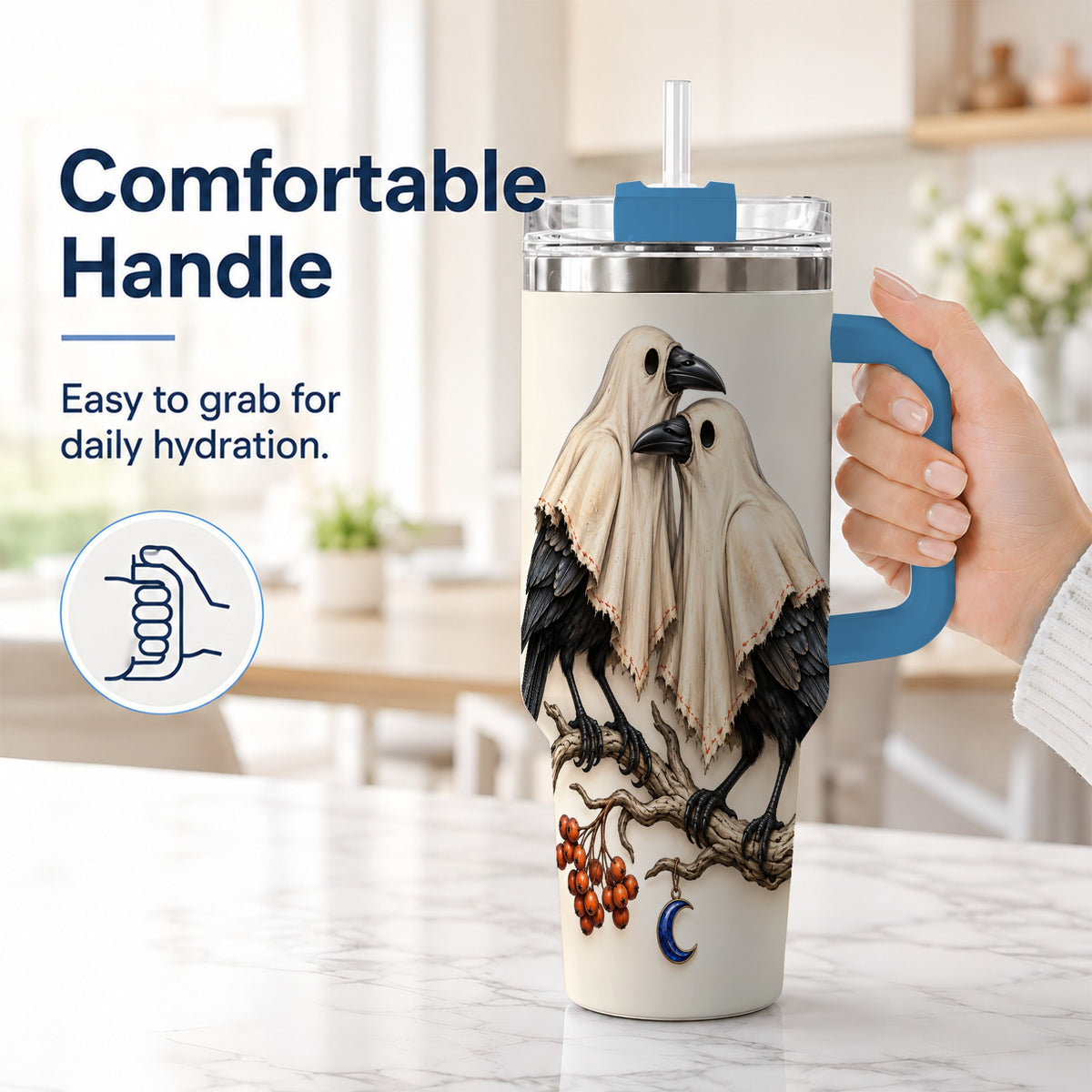 #pl[40oz|Blue] Ghost Crow Pair 40oz Tumbler with Handle, Gothic Travel Cup