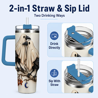 #pl[40oz|Blue] Ghost Crow Pair 40oz Tumbler with Handle, Gothic Travel Cup