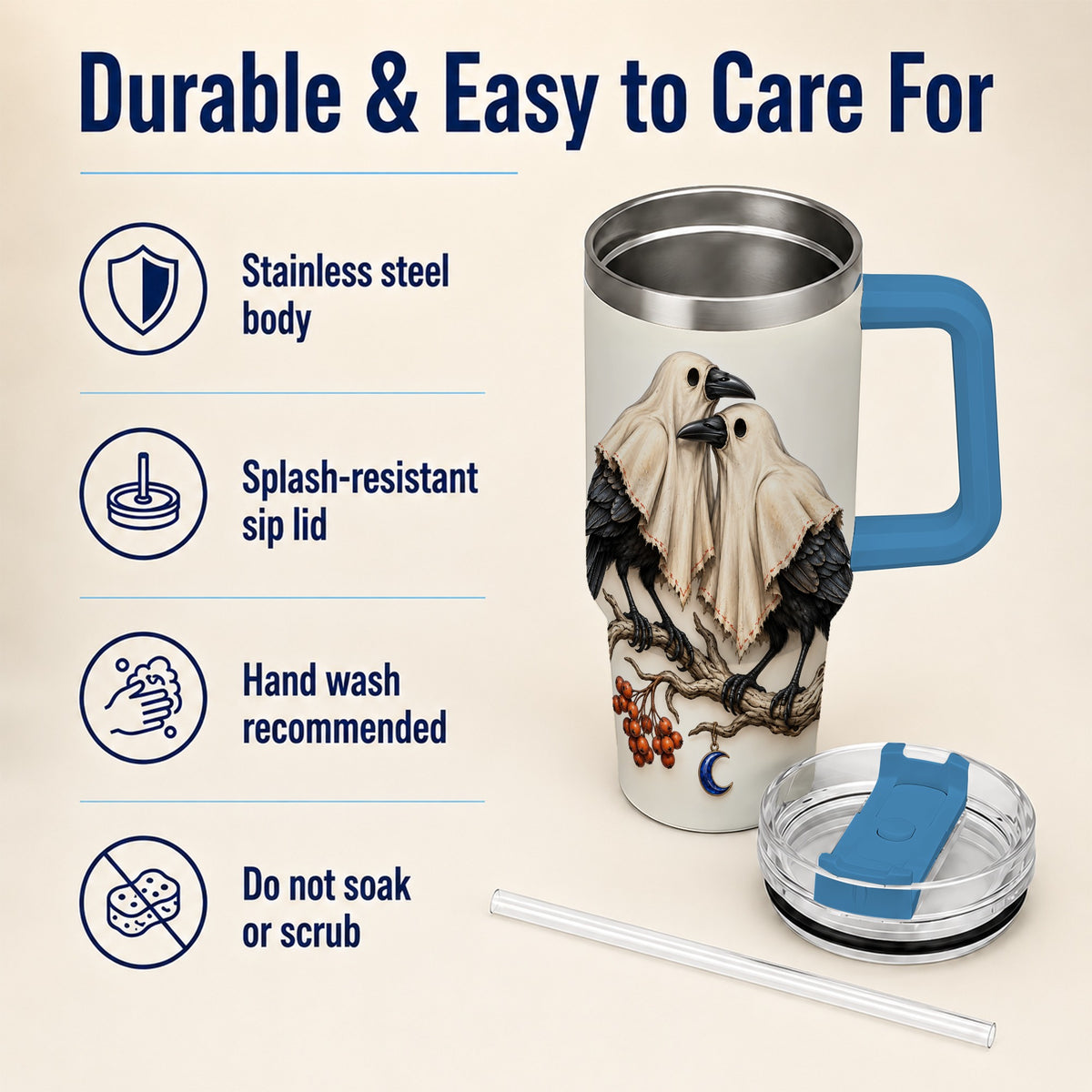#pl[40oz|Blue] Ghost Crow Pair 40oz Tumbler with Handle, Gothic Travel Cup