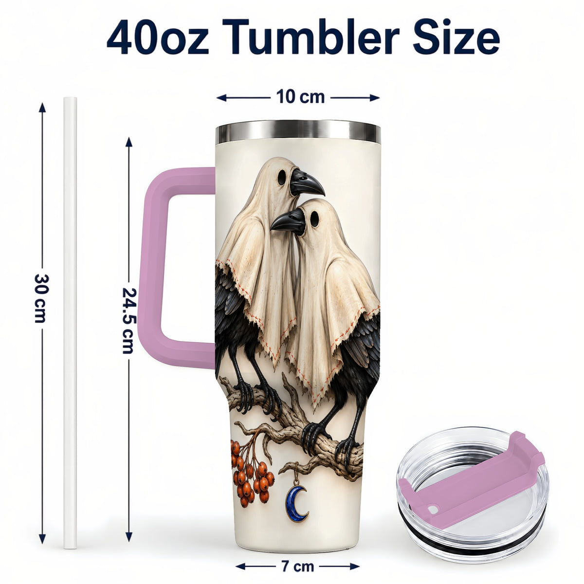 #pl[40oz|Pink] Ghost Crow Pair 40oz Tumbler with Handle, Gothic Travel Cup
