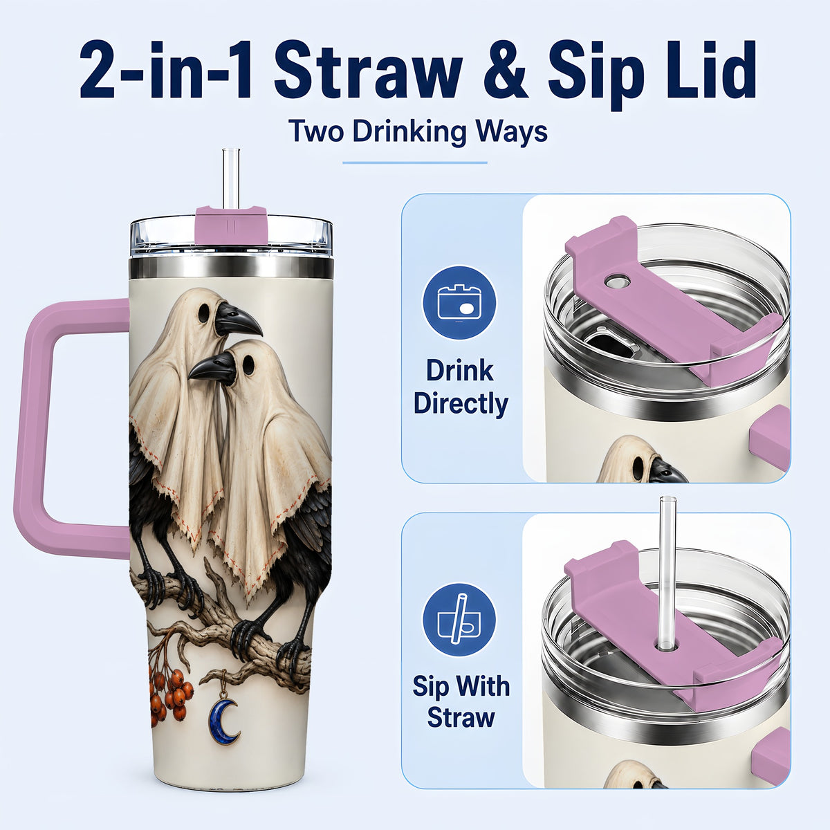 #pl[40oz|Pink] Ghost Crow Pair 40oz Tumbler with Handle, Gothic Travel Cup