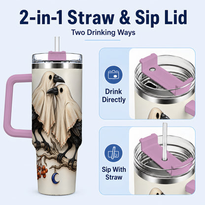 #pl[40oz|Pink] Ghost Crow Pair 40oz Tumbler with Handle, Gothic Travel Cup