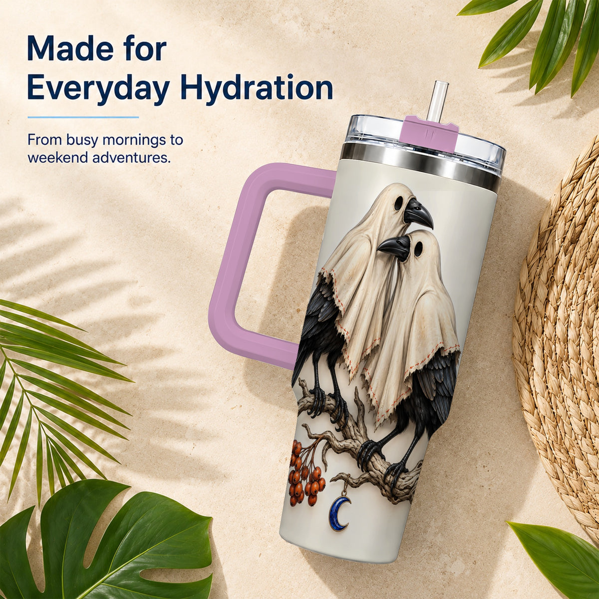 #pl[40oz|Pink] Ghost Crow Pair 40oz Tumbler with Handle, Gothic Travel Cup