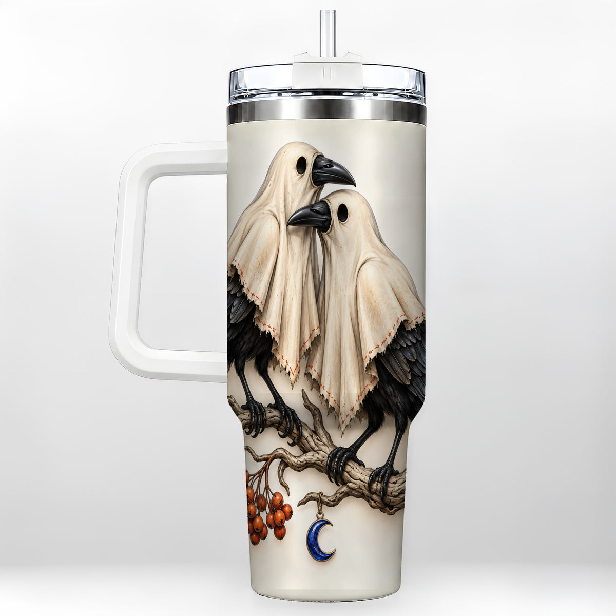 Ghost Crow Pair 40oz Tumbler with Handle, Gothic Travel Cup