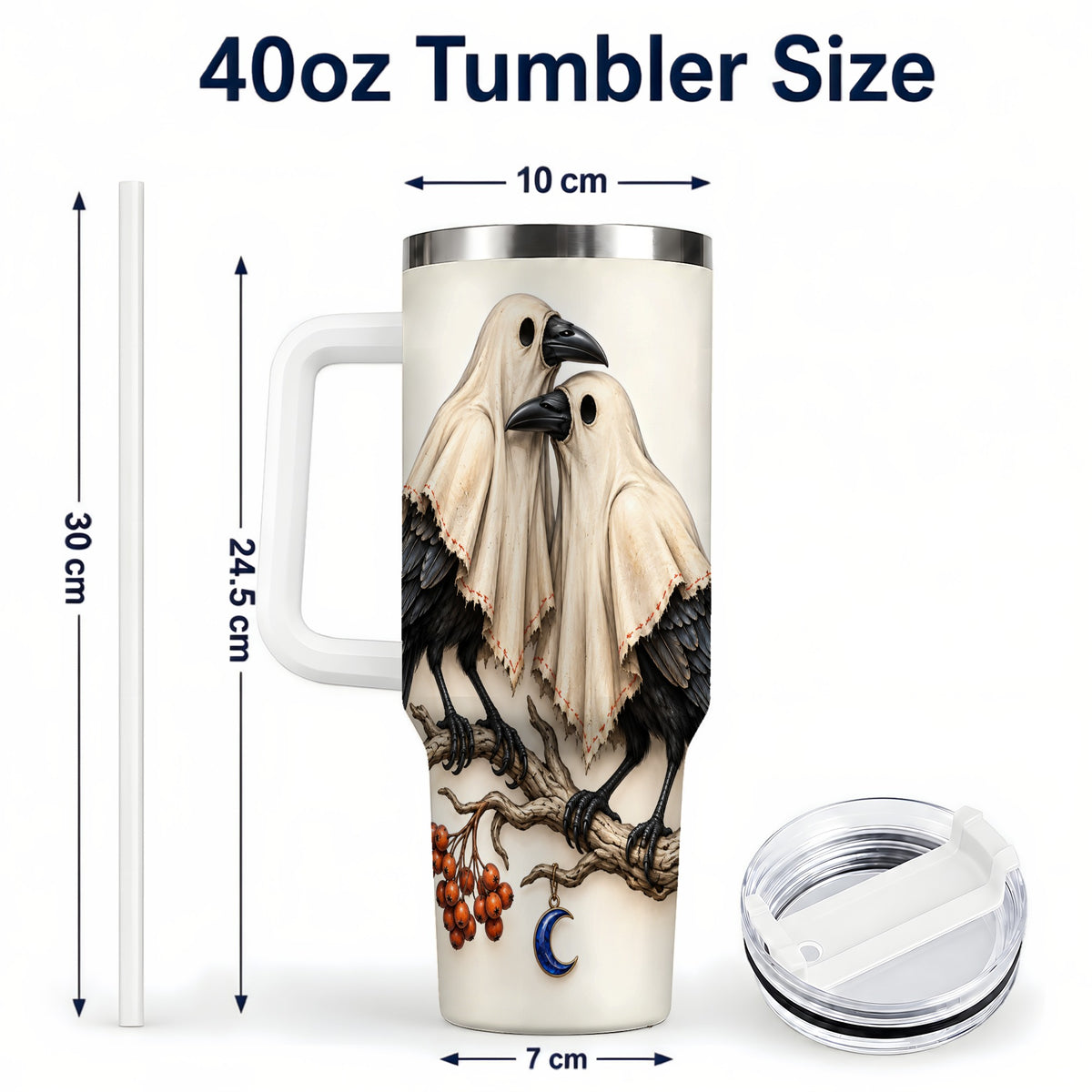 #pl[40oz|White] Ghost Crow Pair 40oz Tumbler with Handle, Gothic Travel Cup