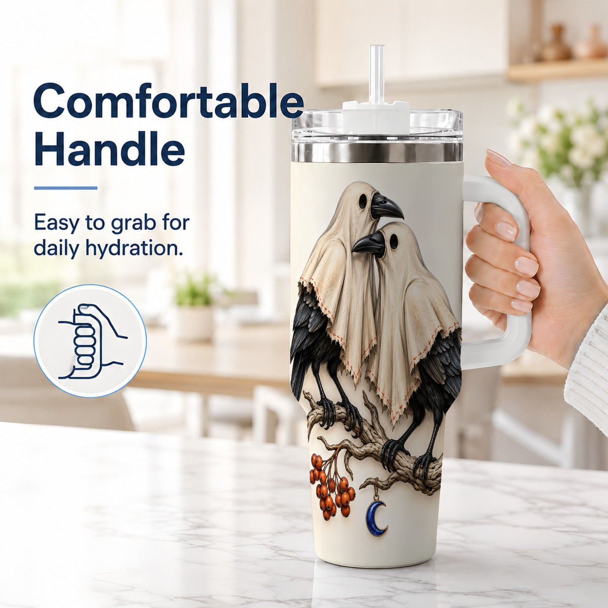 #pl[40oz|White] Ghost Crow Pair 40oz Tumbler with Handle, Gothic Travel Cup