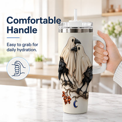 #pl[40oz|White] Ghost Crow Pair 40oz Tumbler with Handle, Gothic Travel Cup