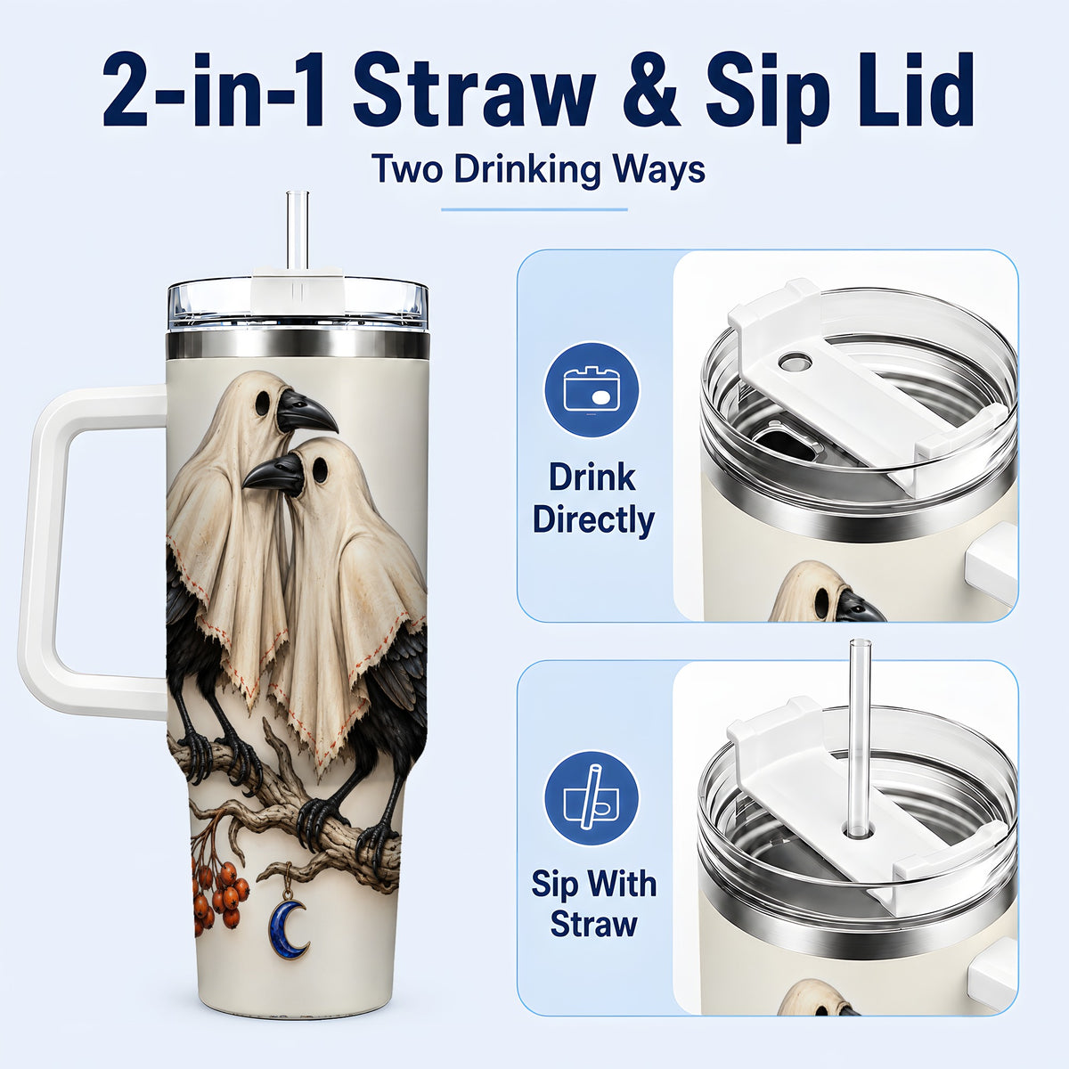#pl[40oz|White] Ghost Crow Pair 40oz Tumbler with Handle, Gothic Travel Cup