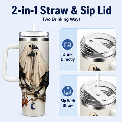 #pl[40oz|White] Ghost Crow Pair 40oz Tumbler with Handle, Gothic Travel Cup