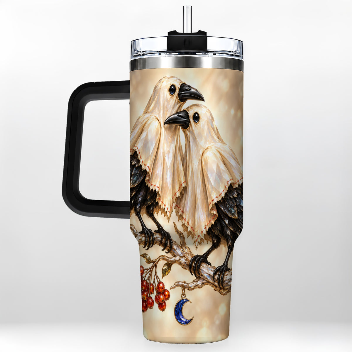 #pl[40oz|Black] Crystal Raven 40oz Tumbler with Handle, Gothic Bird Travel Cup