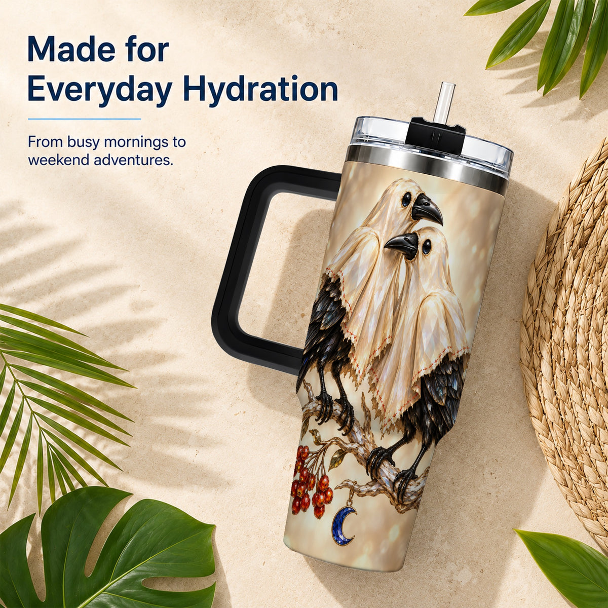 #pl[40oz|Black] Crystal Raven 40oz Tumbler with Handle, Gothic Bird Travel Cup