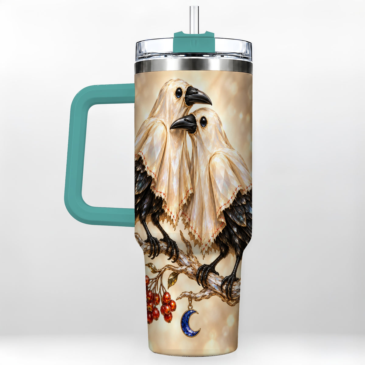 #pl[40oz|Green] Crystal Raven 40oz Tumbler with Handle, Gothic Bird Travel Cup