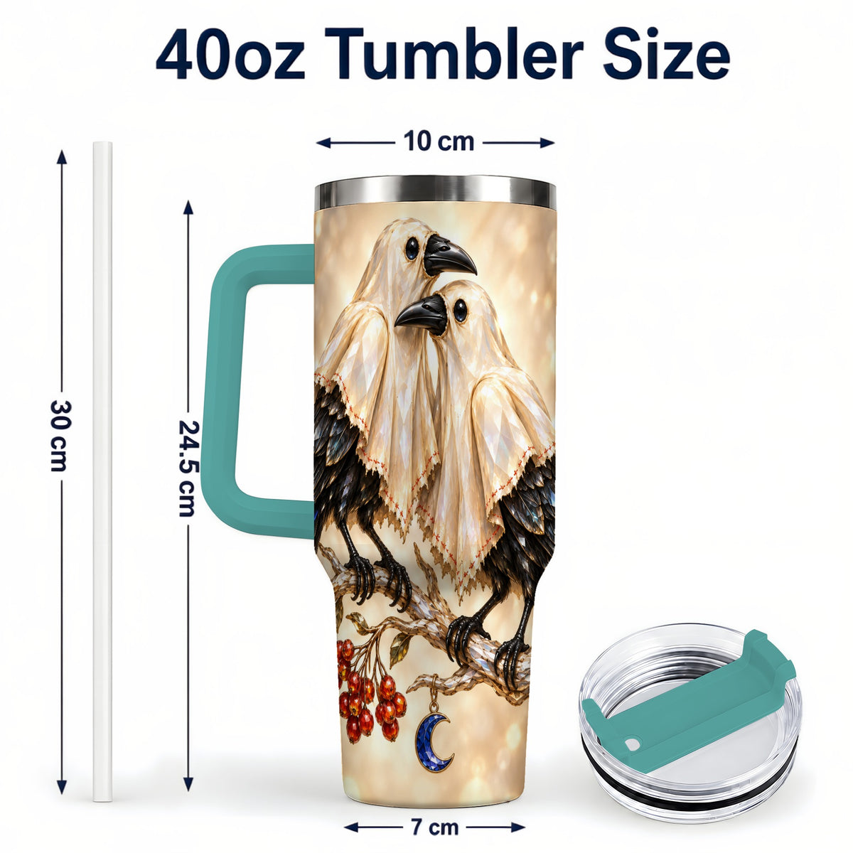 #pl[40oz|Green] Crystal Raven 40oz Tumbler with Handle, Gothic Bird Travel Cup