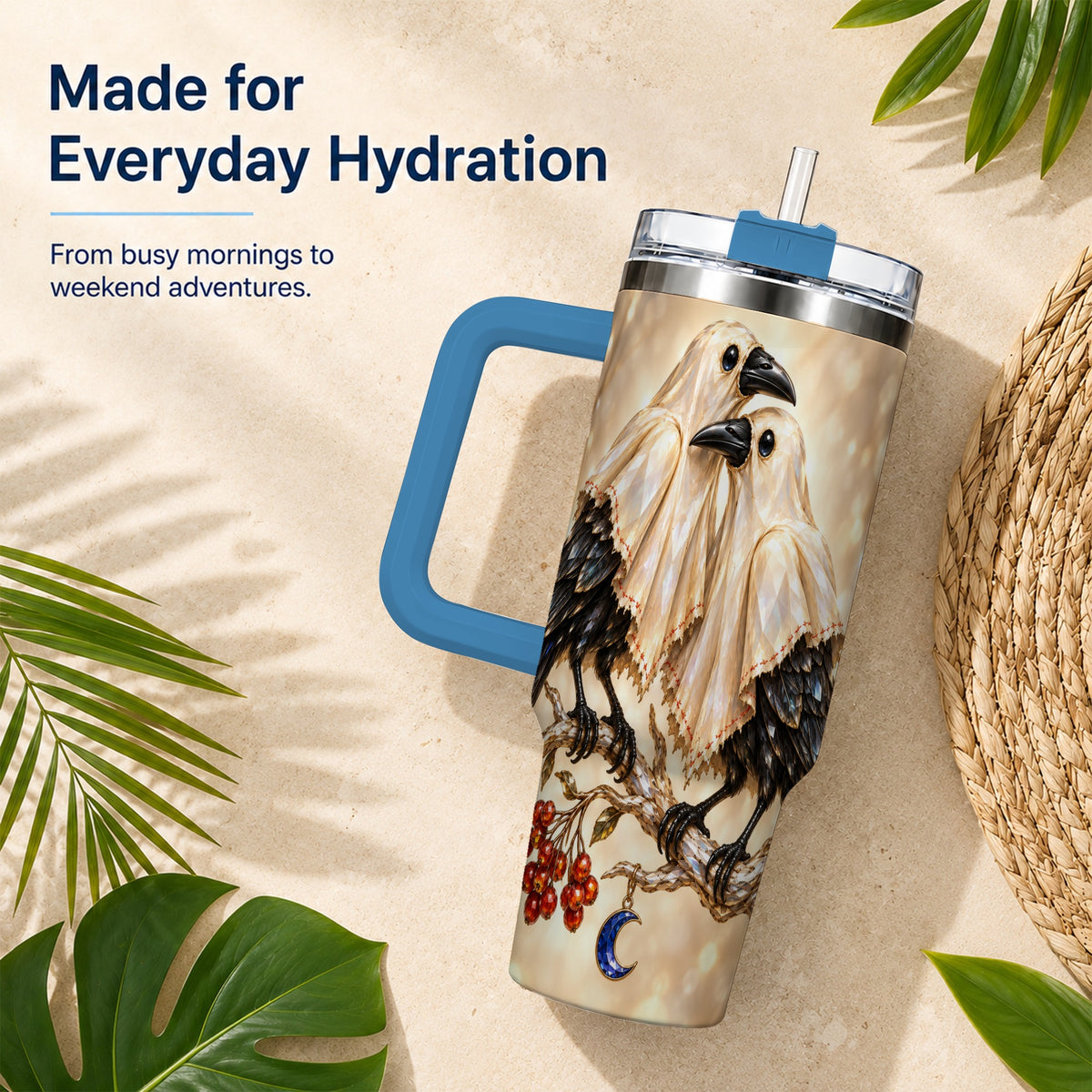 #pl[40oz|Blue] Crystal Raven 40oz Tumbler with Handle, Gothic Bird Travel Cup